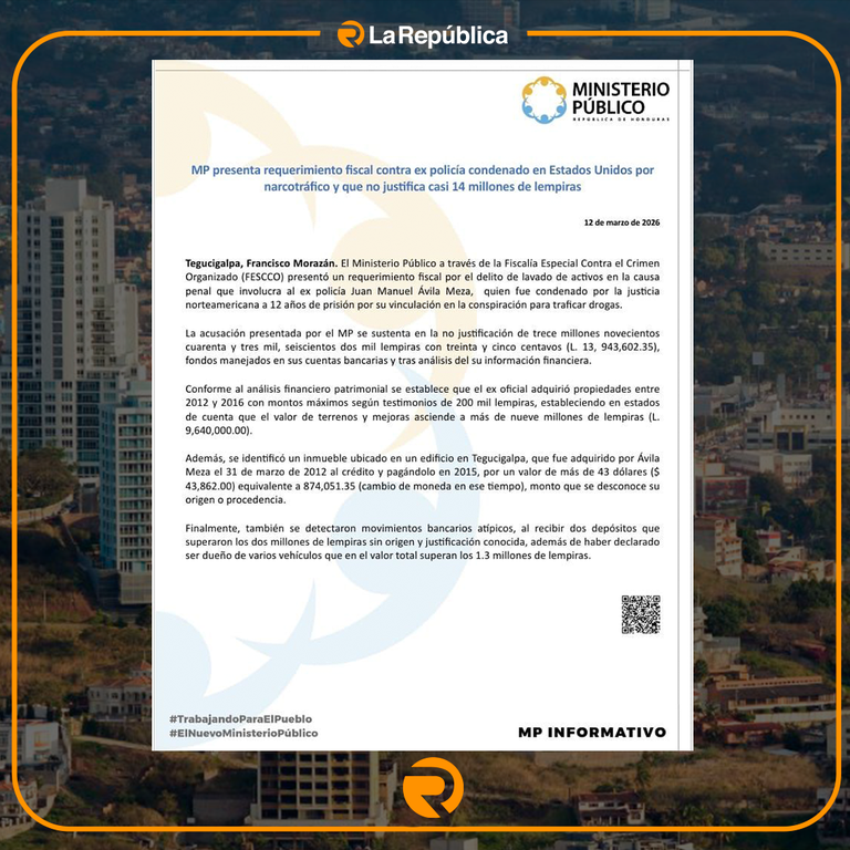 El Ministerio Público (MP) presentó un requerimiento fiscal contra un expolicía condenado en Estados Unidos por narcotráfico. - Cover Image